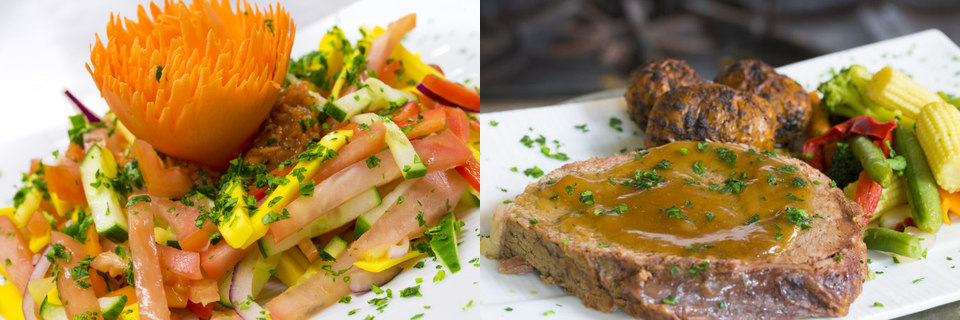 LUC banquet hall / wedding hall catering food, silverware and glasses. Garnished baked potato, sauteed vegetables, a portion of roast beef.