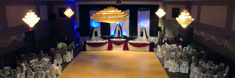 Grand Hall dressed for wedding celebration dinner and party. London Ukrainian Centre, London Ontario.